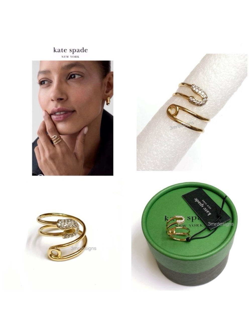 NWT Kate Spade ♠️BITS & BAUBLES SAFETY PIN Gold Tone CZ Glass Crystals Wrap Ring